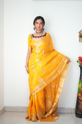shiv textiles Self Design Banarasi Jacquard Saree(Yellow)