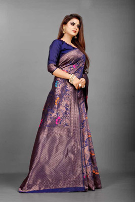 Rudr Venture Digital Print Banarasi Jacquard Saree(Blue)