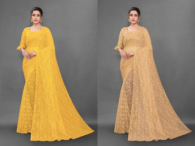 Paanthcreation Self Design Bollywood Net Saree(Pack of 2, Gold, Yellow)