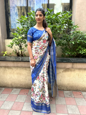PremVastra Digital Print Bollywood Silk Blend Saree(White)