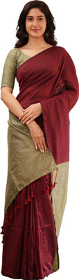 VERVE Solid/Plain Handloom Cotton Blend Saree(Maroon)