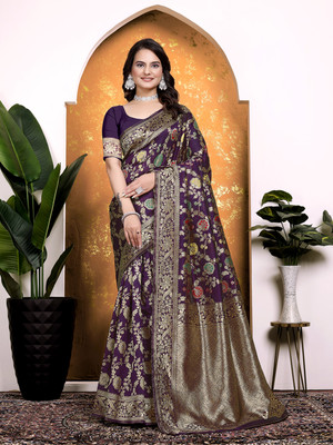 maayro Embellished Banarasi Silk Blend Saree(Purple)