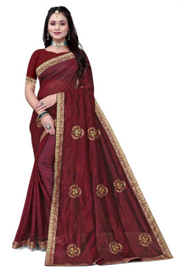 Pemal Designer Embroidered Bollywood Silk Blend Saree(Maroon)