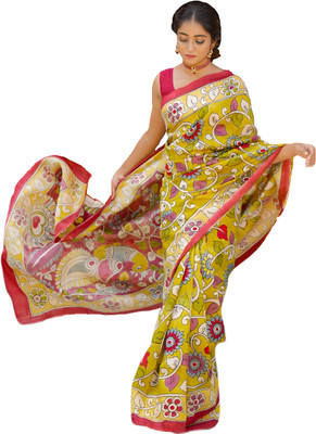 Moda Rapido Solid/Plain, Temple Border Kota Doria Cotton Linen Saree(Yellow)