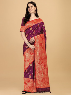 Tasrika Woven Baluchari Art Silk, Silk Blend Saree(Magenta)