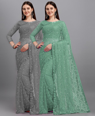 LOROFY Self Design Bollywood Net Saree(Pack of 2, Multicolor)