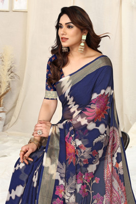 MIRCHI FASHION Printed, Floral Print Daily Wear Chiffon, Georgette Saree(Blue, Cream, Pink)