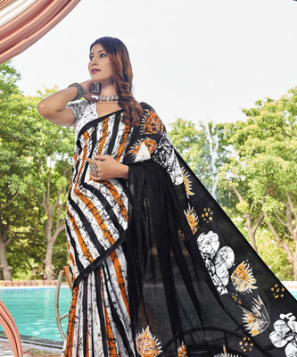 Divastri Printed Bollywood Cotton Blend Saree(White)