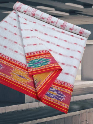 Kanokanjoli Woven Tant Cotton Blend Saree(White)