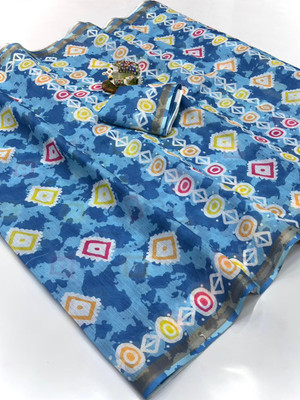 SDGRATITUDE Printed, Floral Print, Digital Print Daily Wear Cotton Linen, Linen Saree(Blue)