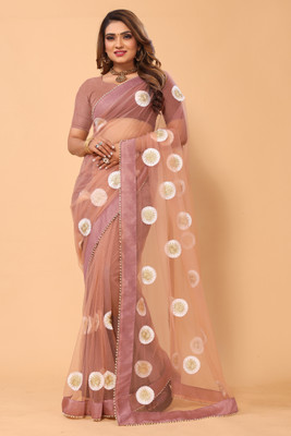 PATLANI STYLE Embroidered Bollywood Net Saree(Brown)