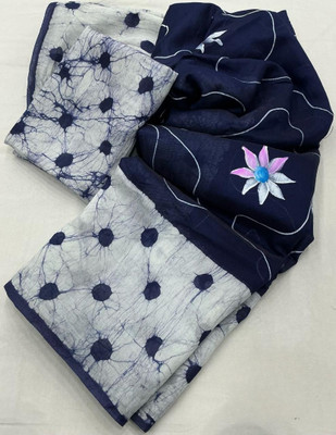 nirave fashion Floral Print, Polka Print, Printed, Tie-Dye Hand Batik Cotton Linen Saree(Blue)