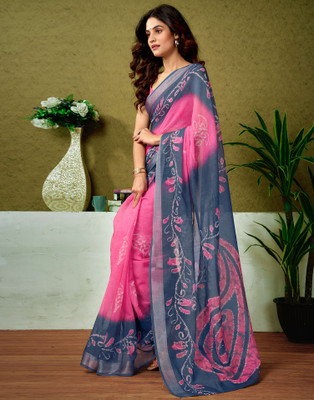 Samah Color Block Bollywood Linen Saree(Blue, Pink)