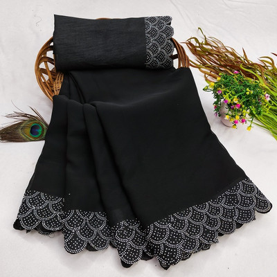 Harani Solid/Plain, Embellished Bollywood Georgette Saree(Black)