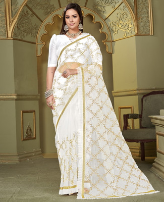 Sariya Embroidered, Embellished Bollywood Net Saree(White)