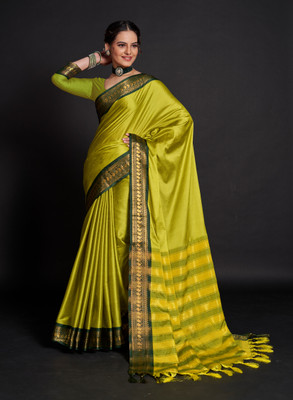 The Style Sanctuary Solid/Plain, Striped, Woven Bollywood Cotton Silk Saree(Yellow)