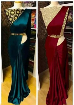 Aruna Sarees Solid/Plain Bollywood Satin Saree(Pack of 2, Multicolor, Maroon)