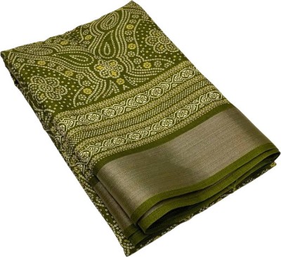 Houseofcommen Printed, Woven Bandhani Cotton Silk Saree(Dark Green)