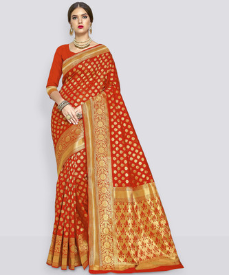 Sariya Woven Banarasi Silk Blend, Jacquard Saree(Orange)