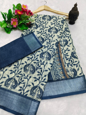 HouseOfCommon Woven, Printed Kanjivaram Pure Cotton, Cotton Linen Saree(Blue)