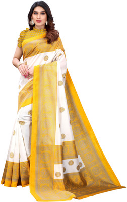 HouseOfCommon Printed Mysore Art Silk Saree(White, Yellow)