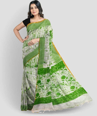Shrutisareeghar Hand Painted Handloom Cotton Silk Saree(White)