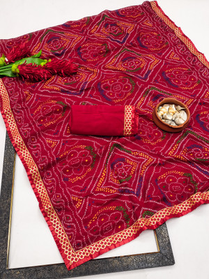 Kanooda Prints Printed Bandhani Georgette Saree(Red)