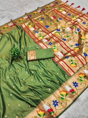 PANZORA Woven Paithani Cotton Silk Saree(Green)