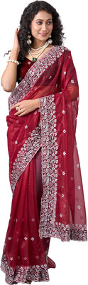 Virendra Textiles Solid/Plain Bollywood Net Saree(Maroon)