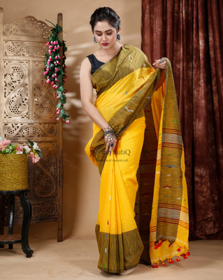 Bong ButiQ Woven Tant Handloom Pure Cotton Saree(Yellow)