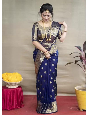 SWAMI STUDIO Woven Chanderi Jacquard Saree(Dark Blue)