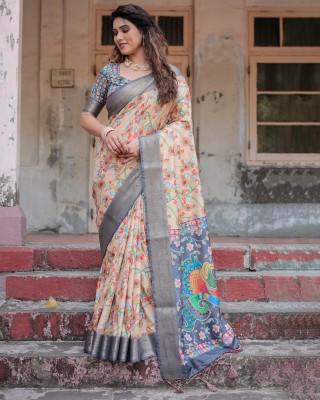 ALMAARI FASHION Digital Print Kalamkari Silk Blend Saree(Brown)