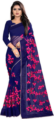 RADHE ENTERPRISE Embroidered Bollywood Net Saree(Blue)