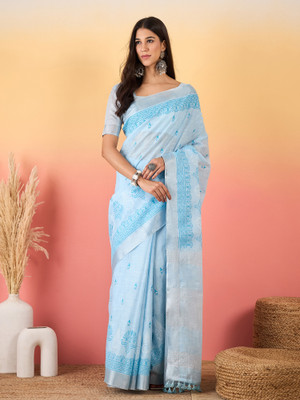 Sangria Woven Paithani Linen Saree(Light Blue)
