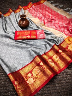 Apnisha Embroidered Kanjivaram Cotton Silk Saree(Grey)