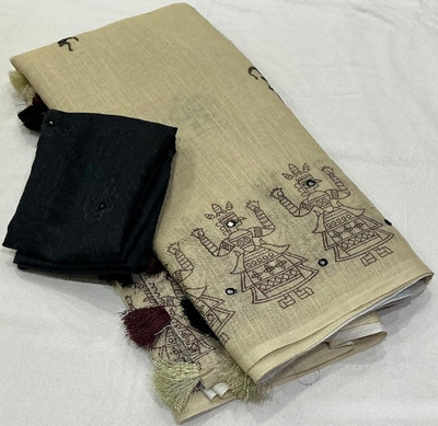 SVPrints Digital Print Bollywood Cotton Linen Saree(Beige)