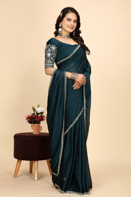 SAADHYA CREATION Embroidered, Solid/Plain Bollywood Chiffon Saree(Dark Blue)