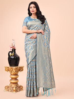Tasrika Woven Banarasi Cotton Silk Saree(Blue)