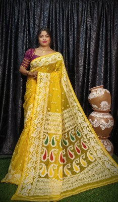 OWALID Self Design Jamdani Cotton Silk Saree(Yellow)