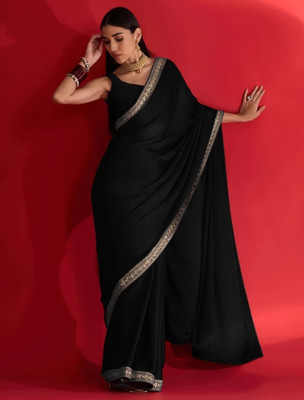HIJA TRENDZ Embroidered Bollywood Chiffon Saree(Black)