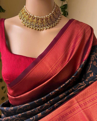 ZILVIRA Self Design Kanjivaram Jacquard, Art Silk Saree(Black, Red)