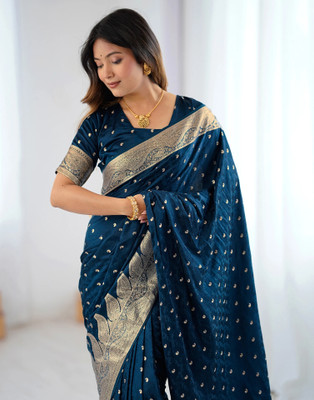 Satrani Woven, Embellished Banarasi Pure Silk Saree(Blue, Gold)