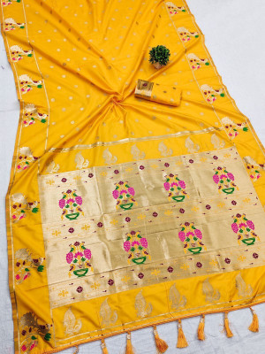 Bansari Textiles Self Design, Woven, Printed, Solid/Plain, Applique, Polka Print Banarasi Cotton Silk, Jacquard Saree(Mustard)