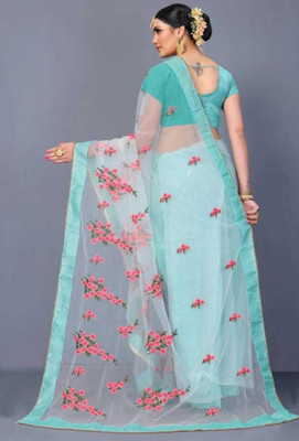 skyfiesta Embroidered Kalamkari Net Saree(Blue)