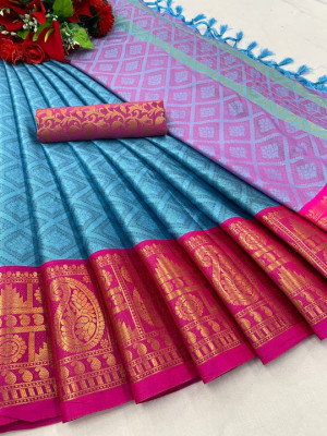 Aika Self Design Banarasi Cotton Silk Saree(Light Blue)