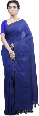 LDma Self Design, Temple Border Handloom Cotton Blend Saree(Blue)
