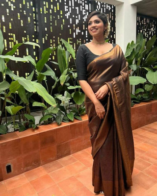 SWAMI STUDIO Self Design Banarasi Jacquard Saree(Brown, Black)