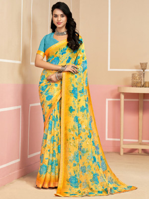 Divastri Floral Print, Geometric Print, Digital Print, Printed Bollywood Chiffon Saree(Yellow)