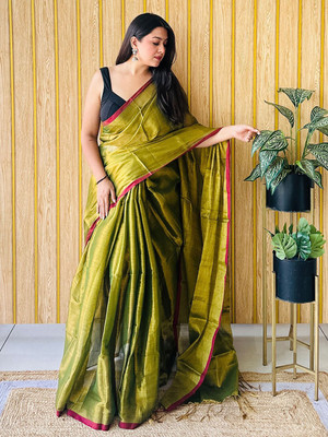 ANOUK Solid/Plain Saree with Attached Blouse Tissue Saree(Brown)
