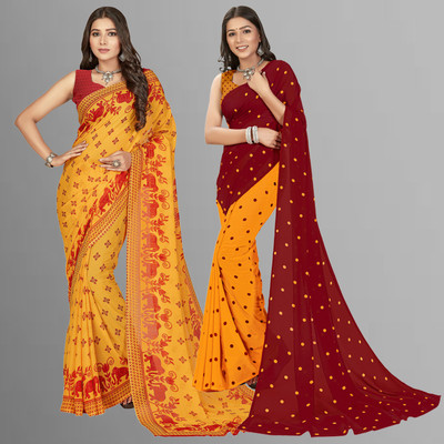 kashvi sarees Floral Print Daily Wear Georgette Saree(Pack of 2, Multicolor, Red, Yellow)
